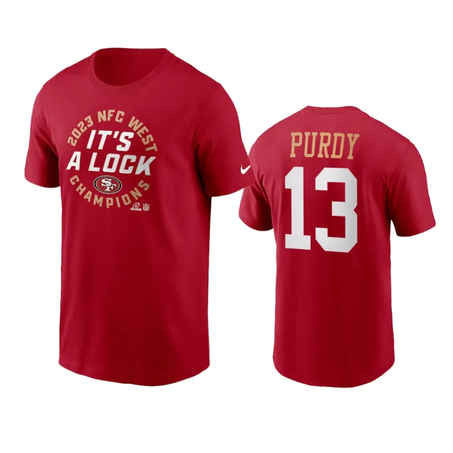 49ers brock purdy scarlet 2023 nfc west division champions locker room trophy collection t shirt