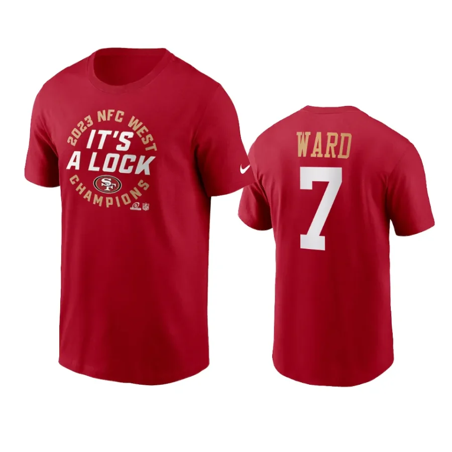 49ers charvarius ward scarlet 2023 nfc west division champions locker room trophy collection t shirt