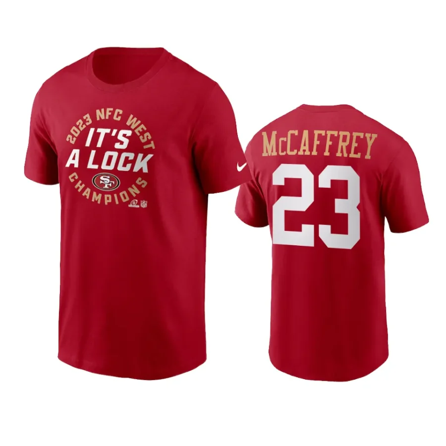 49ers christian mccaffrey scarlet 2023 nfc west division champions locker room trophy collection t shirt