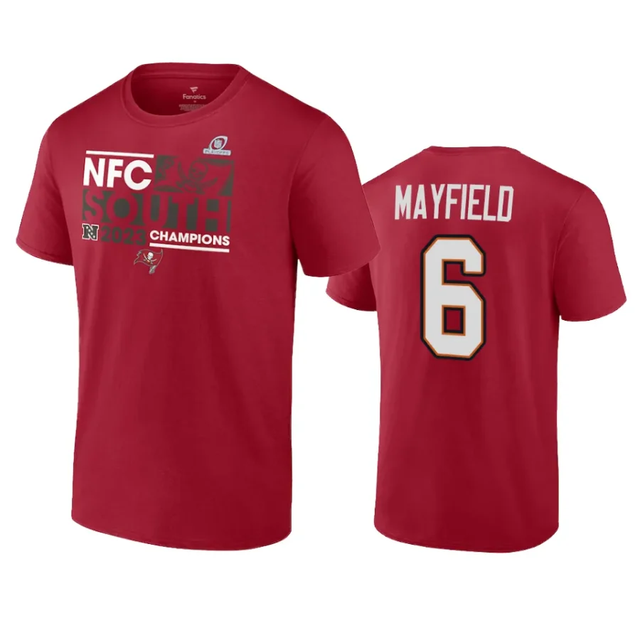 buccaneers baker mayfield red 2023 nfc south division champions conquer t shirt