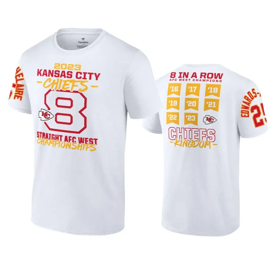 chiefs clyde edwards helaire white 8 time afc west division champs t shirt