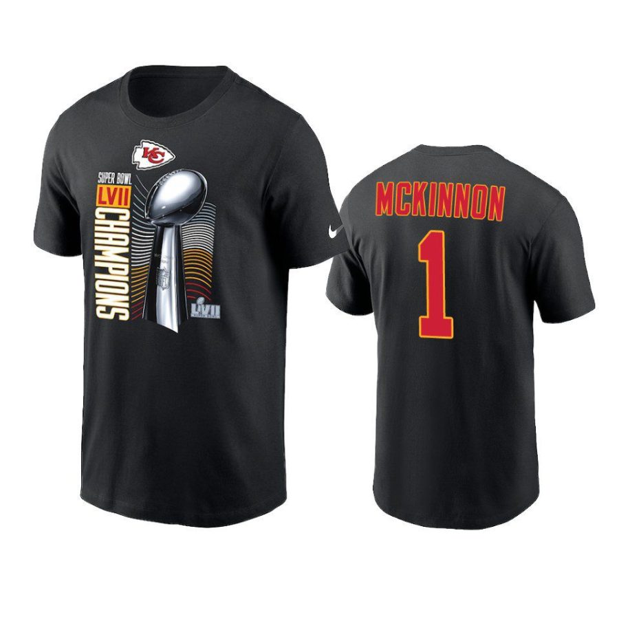 chiefs jerick mckinnon black super bowl lvii champions trophy t shirt