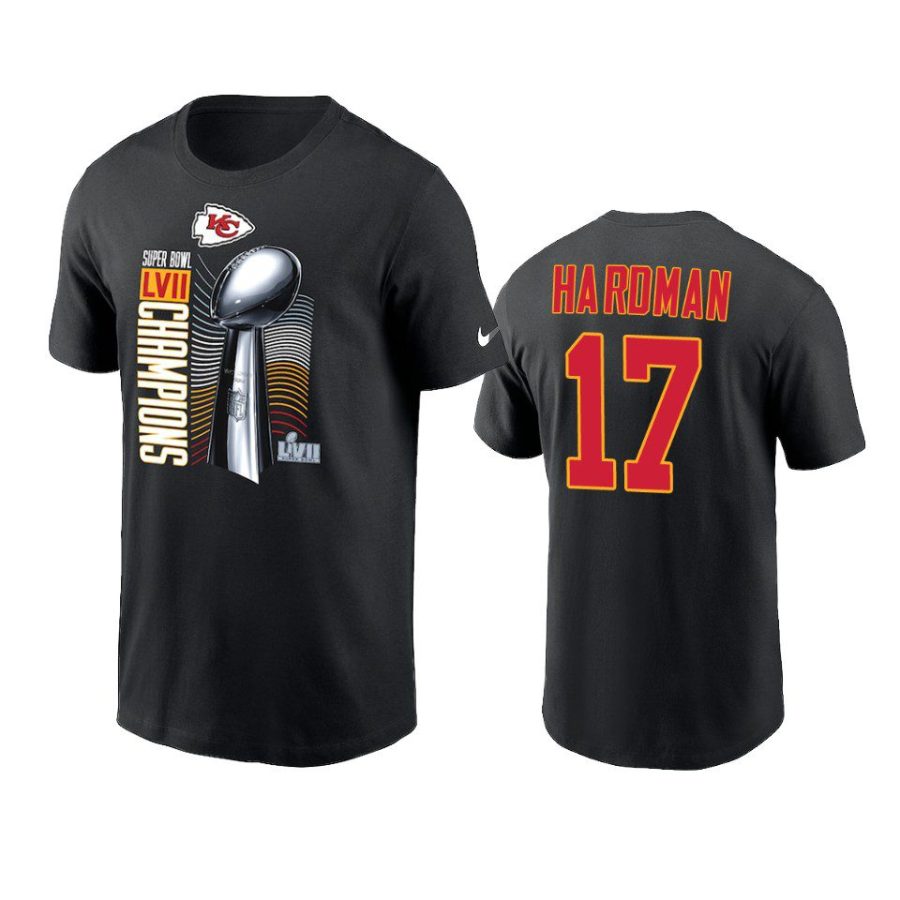 chiefs mecole hardman black super bowl lvii champions trophy t shirt