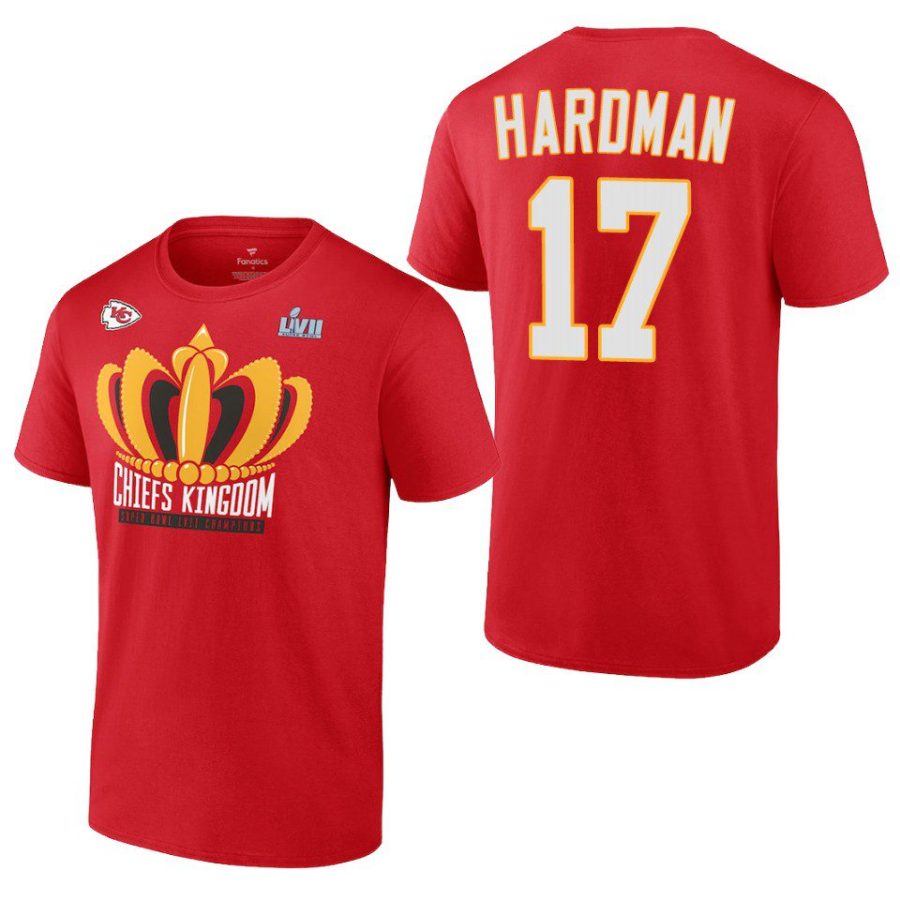 chiefs mecole hardman red super bowl lvii champions last standing t shirt