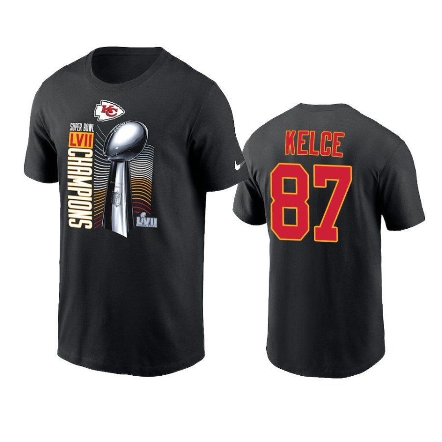 chiefs travis kelce black super bowl lvii champions trophy t shirt