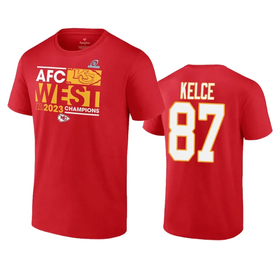 chiefs travis kelce red 2023 afc west division champions locker room t shirt