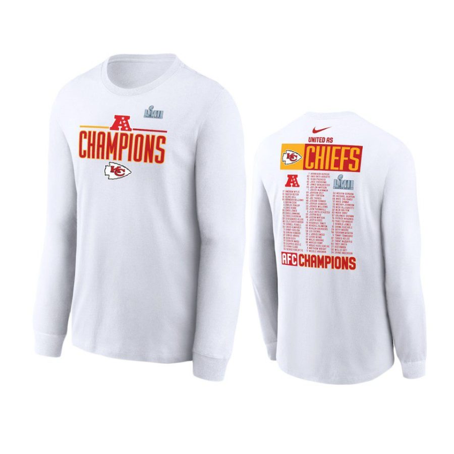 chiefs white 2022 afc champions roster long sleeve t shirt