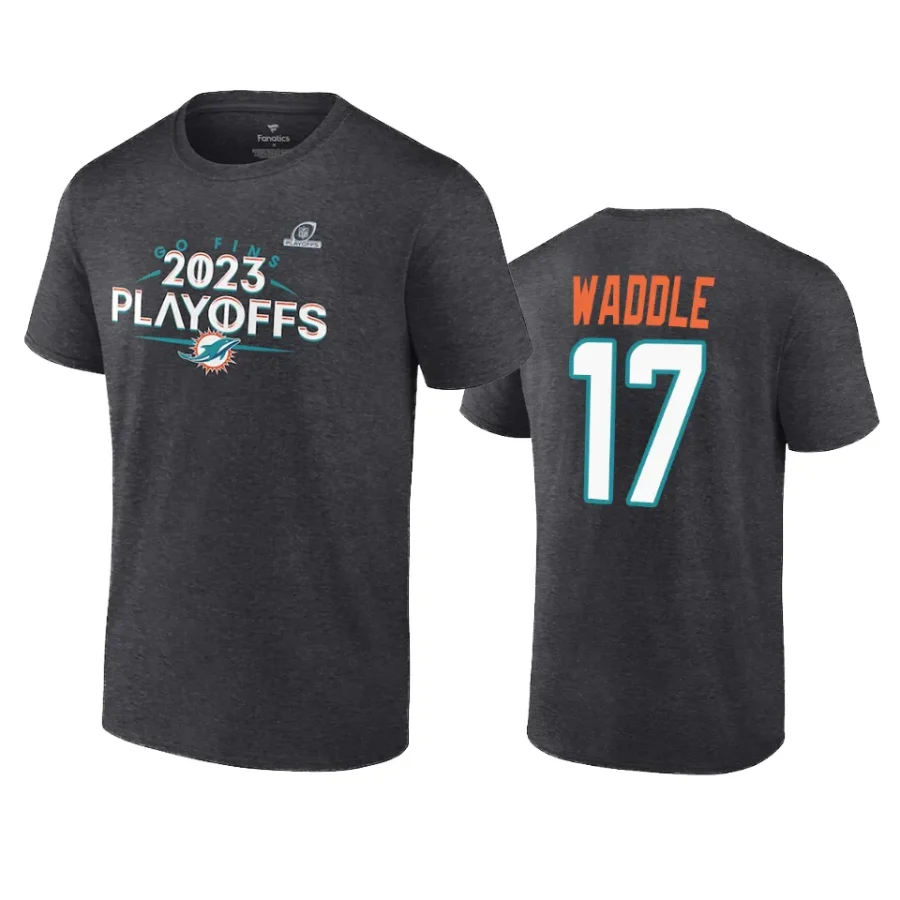 dolphins jaylen waddle heather charcoal 2023 nfl playoffs name number t shirt