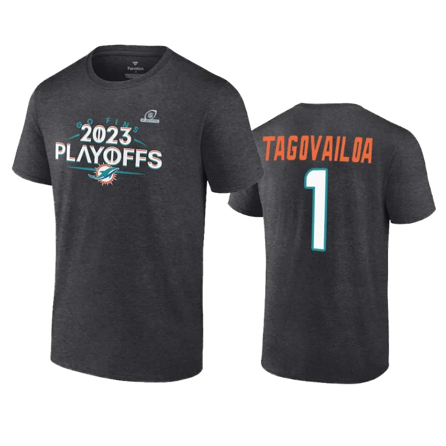 dolphins tua tagovailoa heather charcoal 2023 nfl playoffs name number t shirt