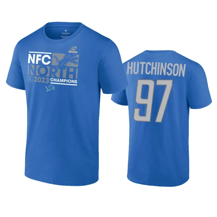 lions aidan hutchinson blue 2023 nfc north division champions conquer t shirt