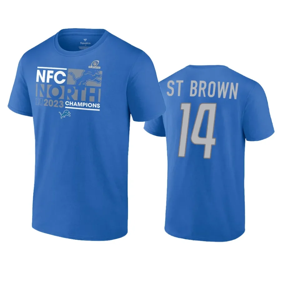 lions amon ra st. brown blue 2023 nfc north division champions conquer t shirt