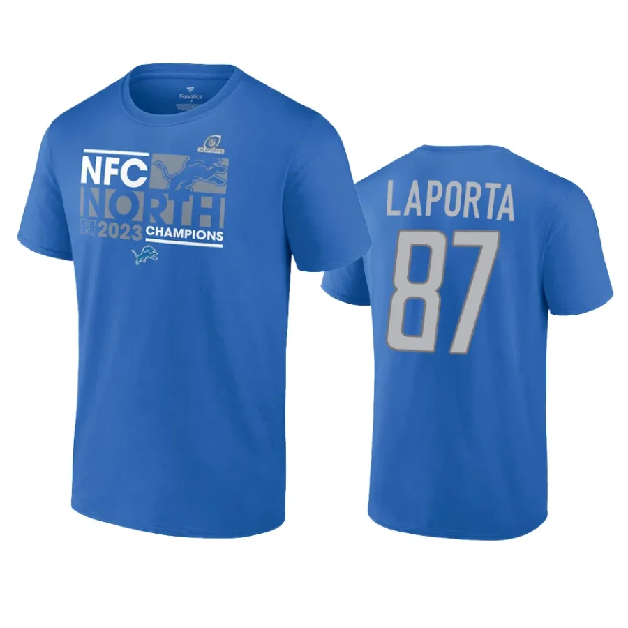 lions sam laporta blue 2023 nfc north division champions conquer t shirt