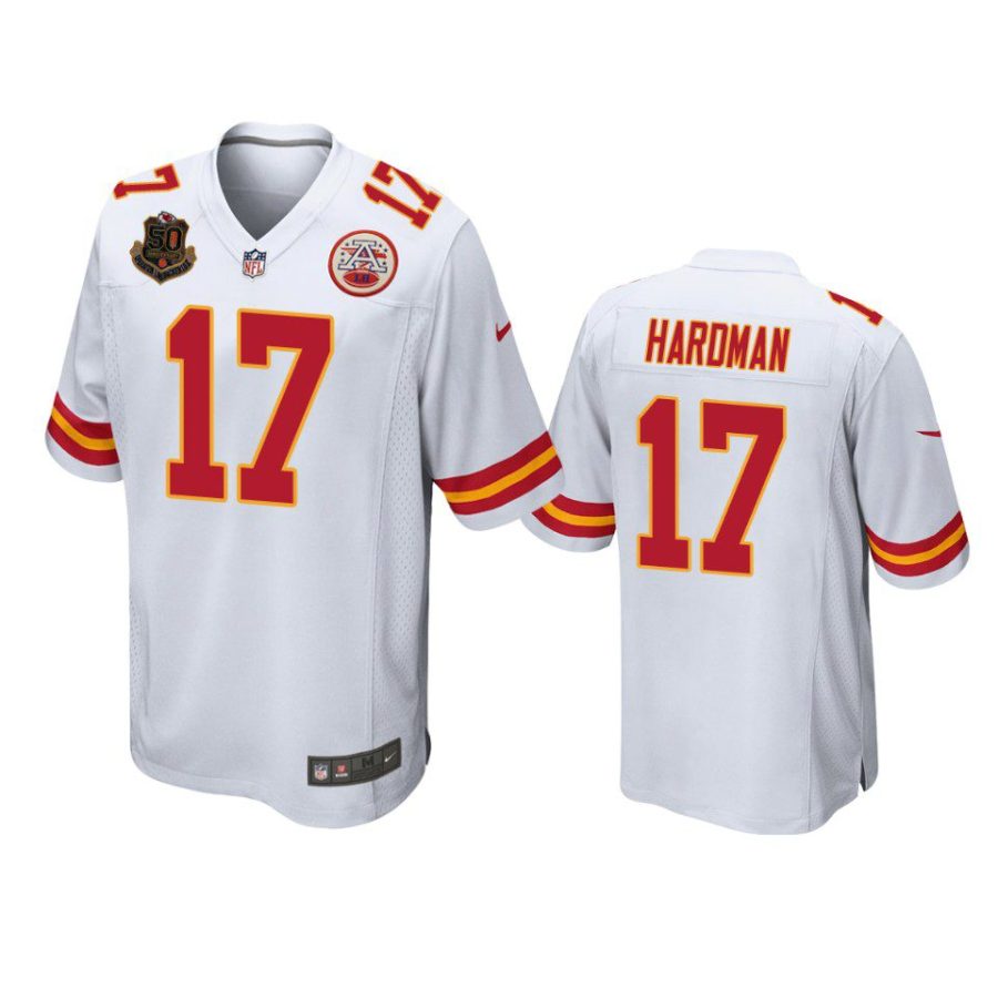 mecole hardman chiefs white 50th anniversary of operation linebacker jersey