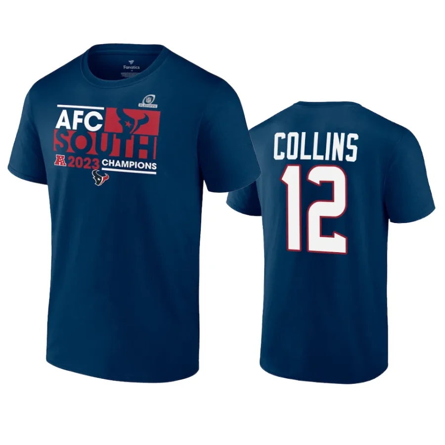 texans nico collins navy 2023 afc south division champions conquer t shirt