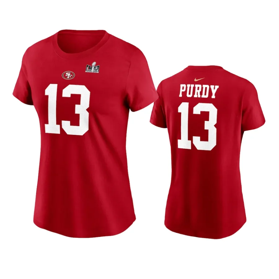 women brock purdy 49ers scarlet super bowl lviii t shirt