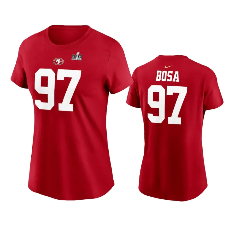 women nick bosa 49ers scarlet super bowl lviii t shirt