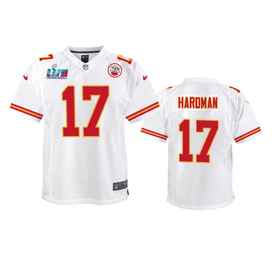 youth chiefs mecole hardman white game super bowl lvii jersey