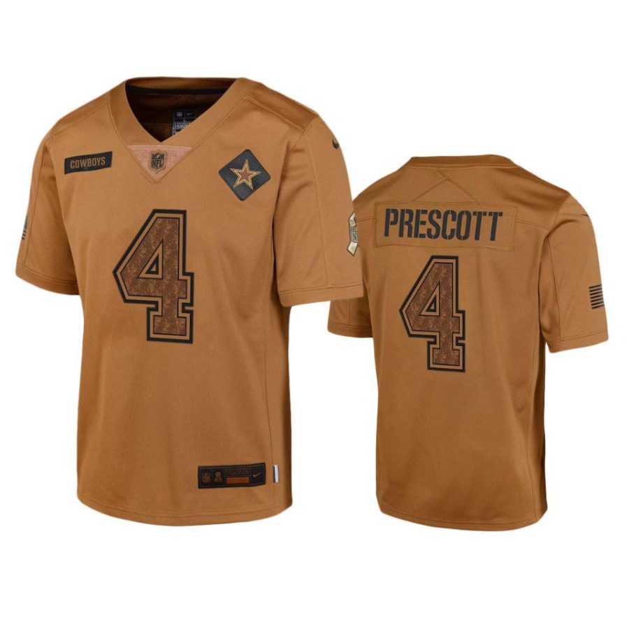 youth cowboys dak prescott brown limited 2023 salute to service jersey