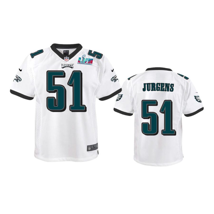 youth eagles cam jurgens white game super bowl lvii jersey