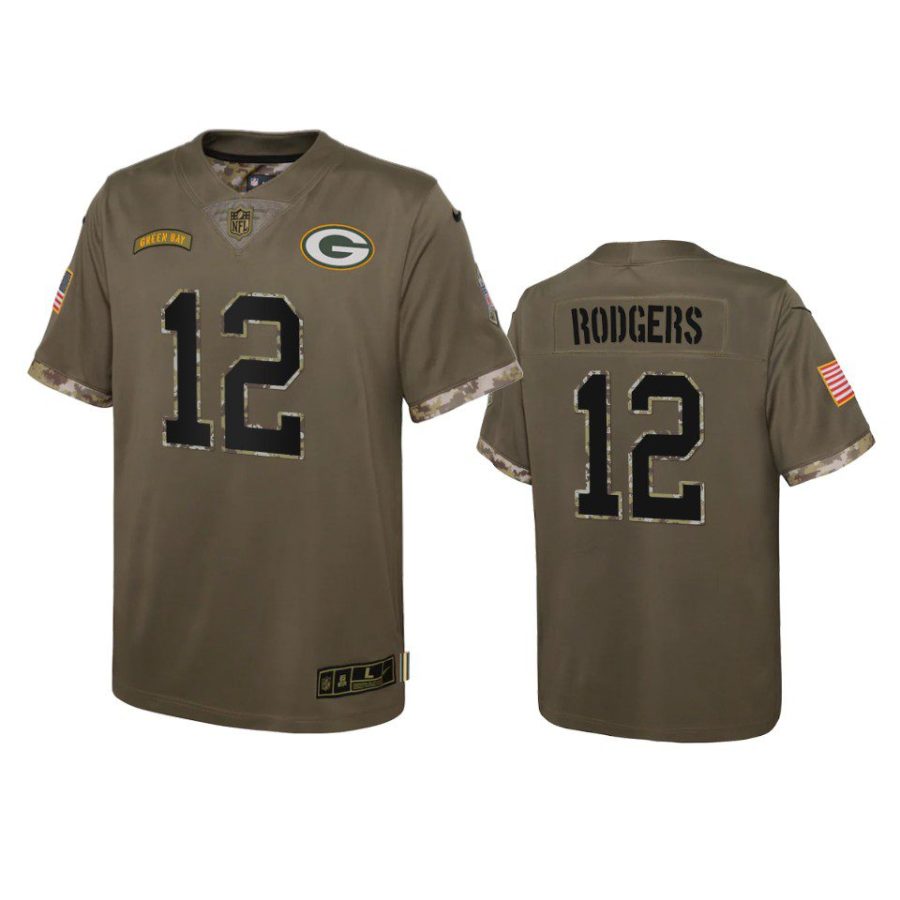 youth packers aaron rodgers olive limited 2022 salute to service jersey