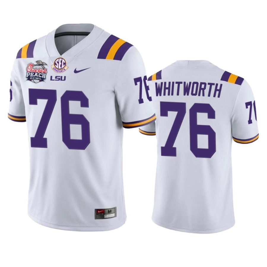 lsu tigers andrew whitworth white 2019 peach bowl champions peach bowl champions jersey