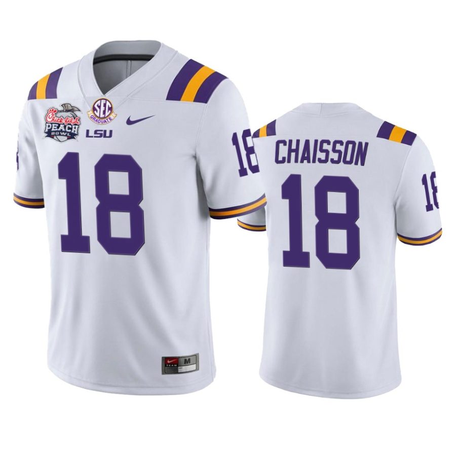 lsu tigers klavon chaisson white 2019 peach bowl champions jersey