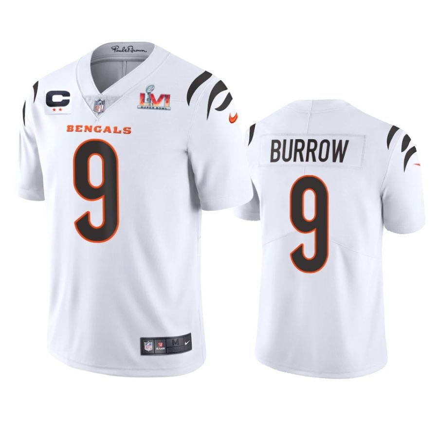 mens cincinnati bengals joe burrow white super bowl lvi captain patch jersey