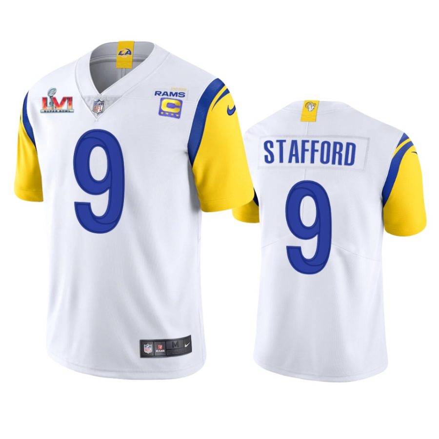 mens los angeles rams matthew stafford white super bowl lvi captain patch jersey