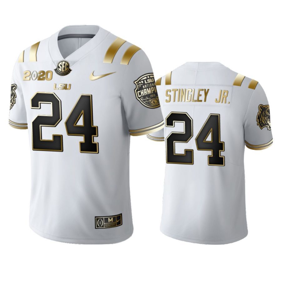 mens lsu tigers derek stingley jr. white 2020 national champions golden edition jersey