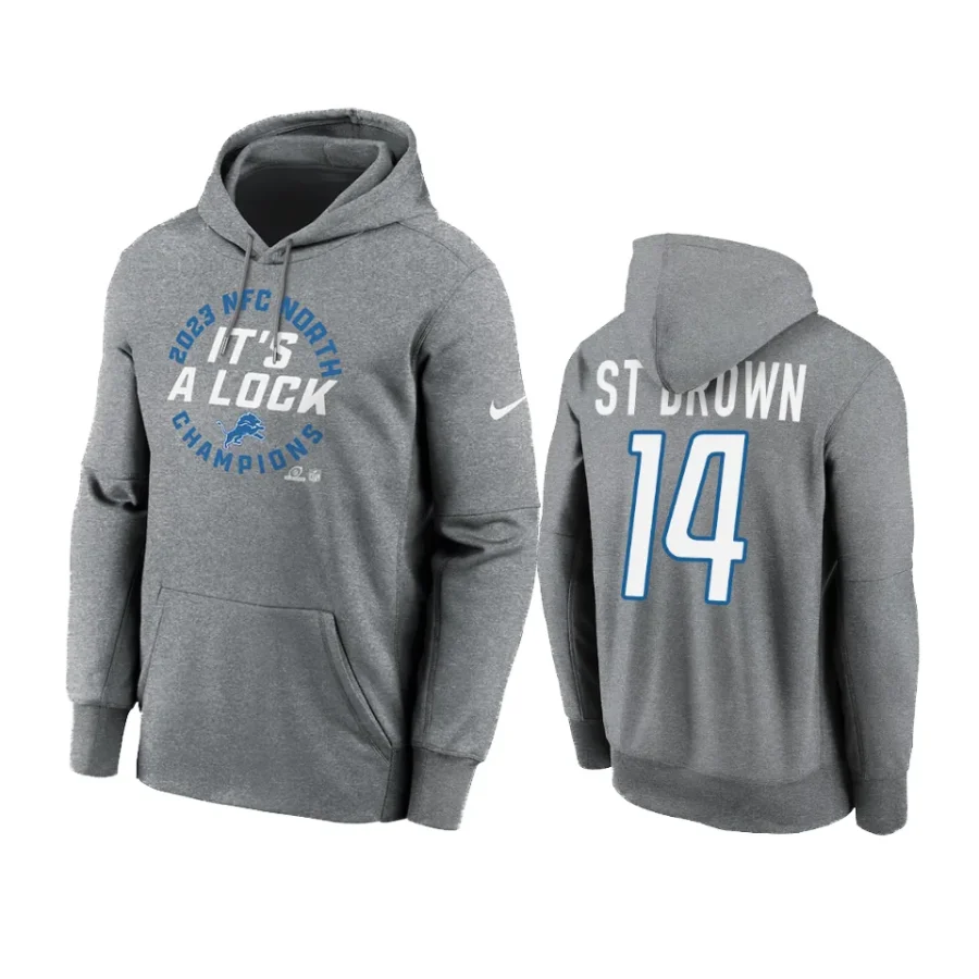 amon ra st. brown lions heather gray 2023 nfc north division champions locker room trophy collection hoodie