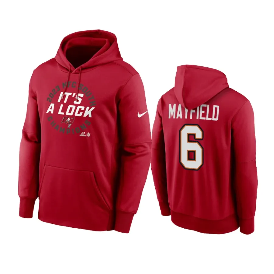 baker mayfield red 2023 nfc south division champions locker room hoodie