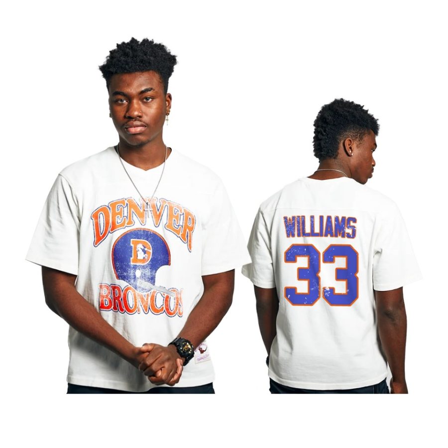 broncos javonte williams white vintage helmet t shirt