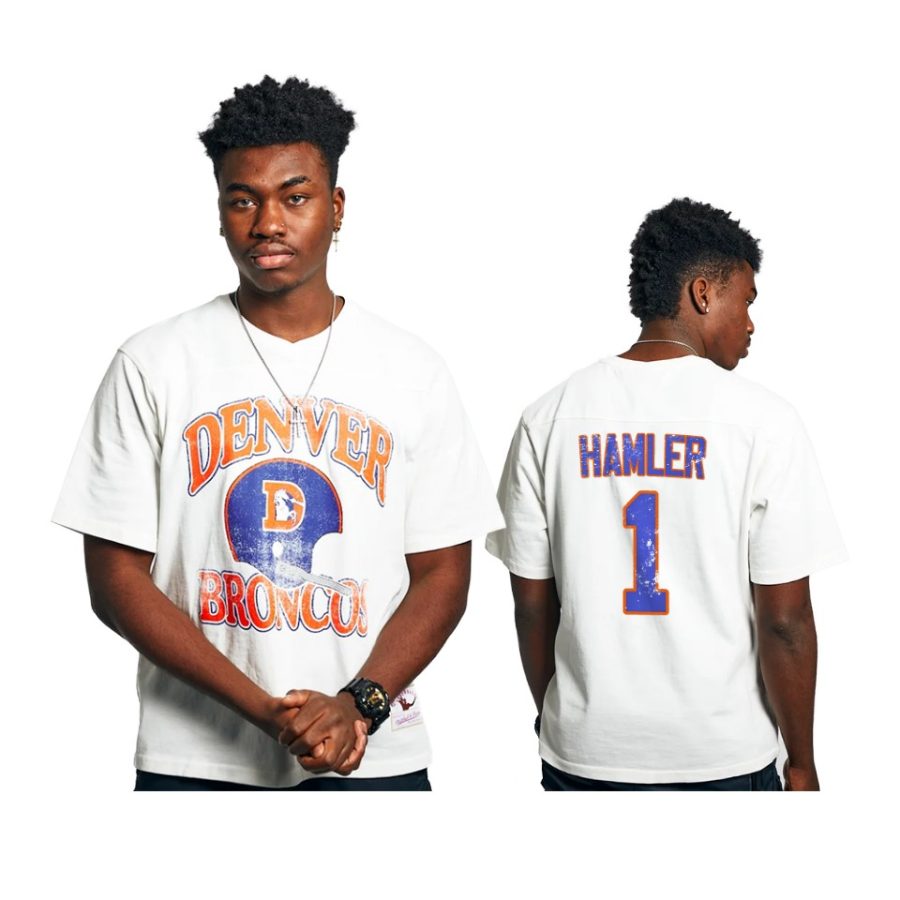 broncos k.j. hamler white vintage helmet t shirt