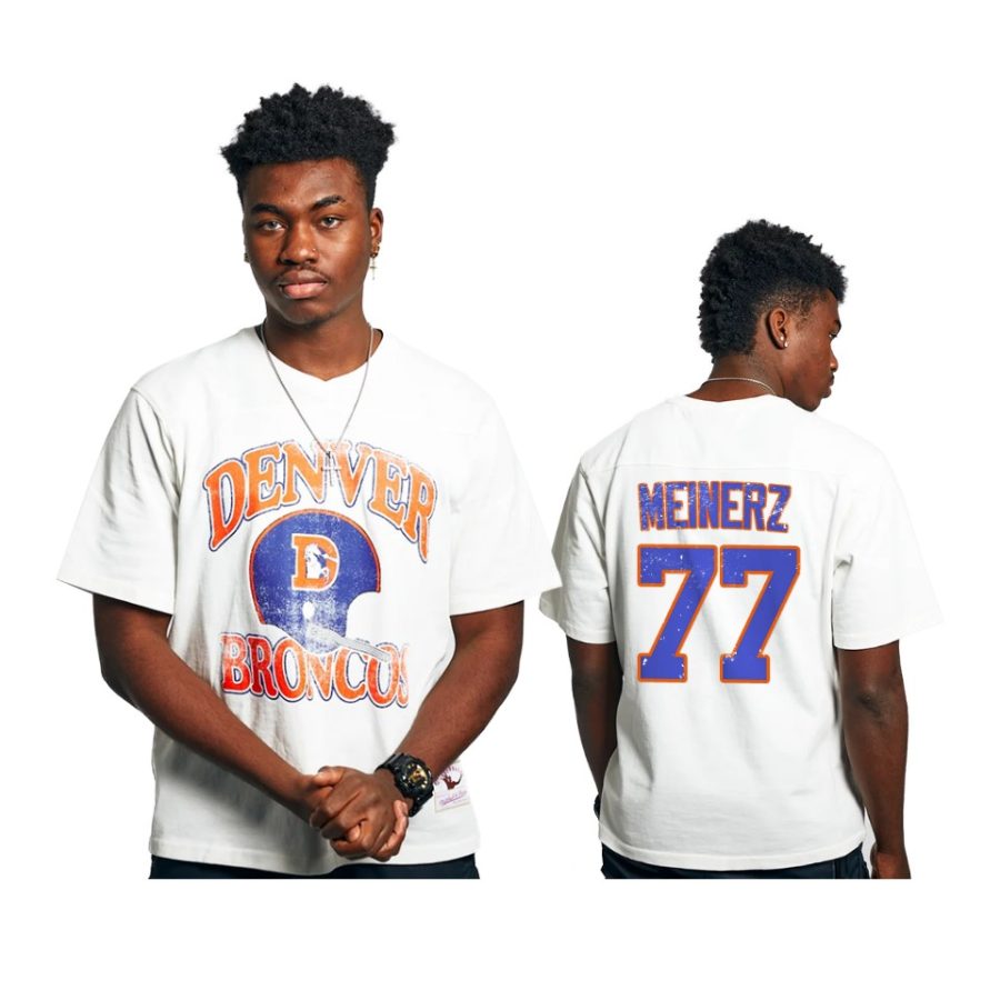 broncos quinn meinerz white vintage helmet t shirt