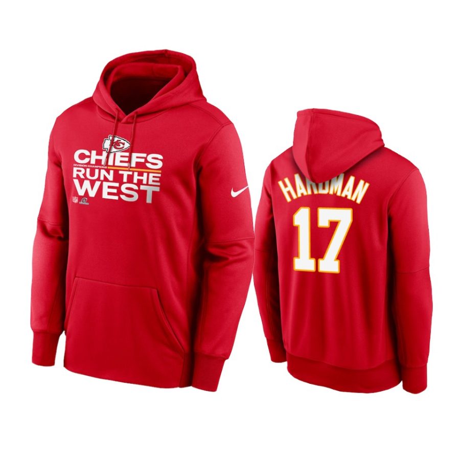 chiefs mecole hardman red 2021 afc west division champions hoodie