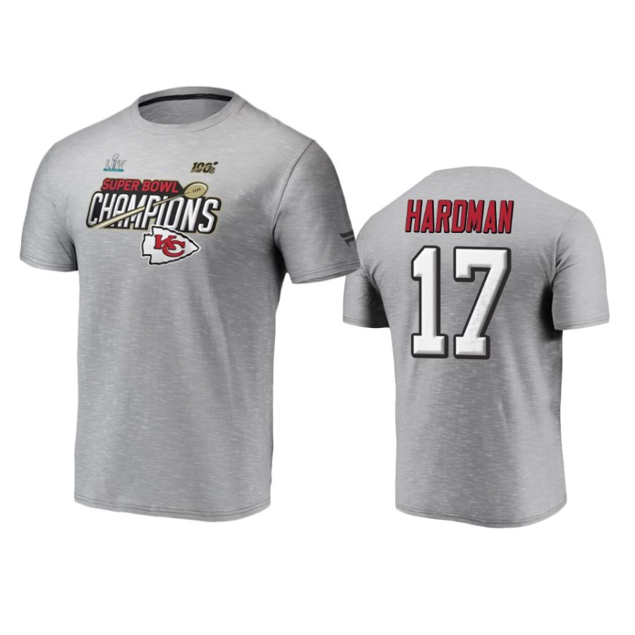 kansas city chiefs mecole hardman heather gray super bowl liv champions trophy collection t shirt