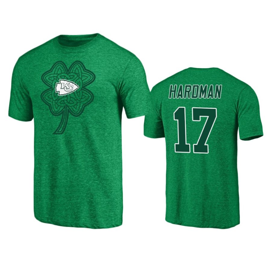 mens chiefs mecole hardman heathered kelly green st. patricks day paddys pride t shirt