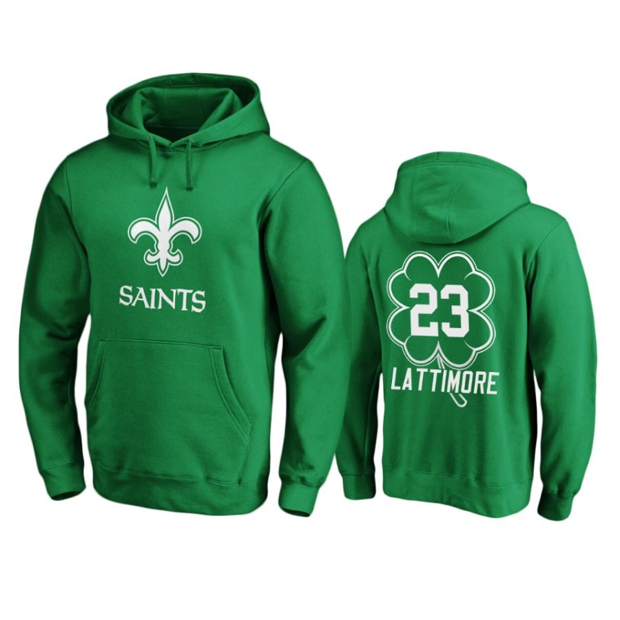 mens saints marshon lattimore green st. patricks day white logo hoodie
