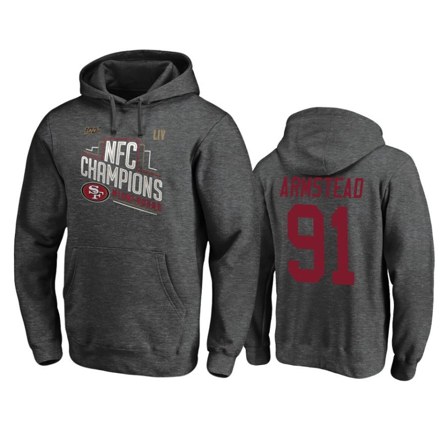 mens san francisco 49ers arik armstead heather charcoal 2019 nfc champions trophy collection hoodie