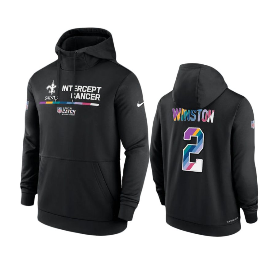 new orleans saints jameis winston black 2022 nfl crucial catch therma hoodie