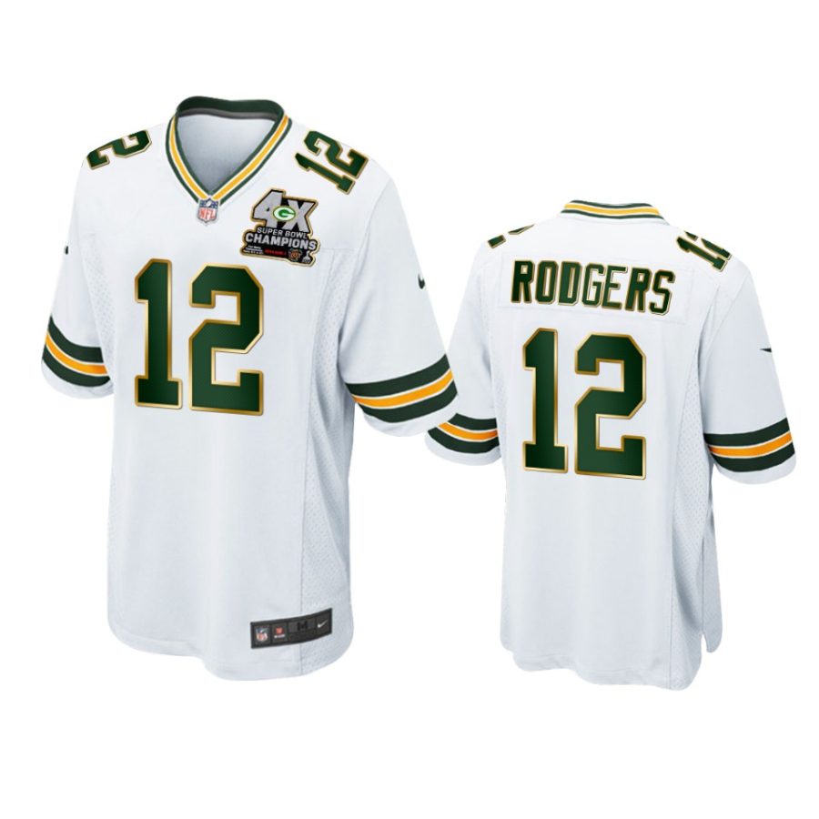 packers aaron rodgers white 4x super bowl champions patch game jersey