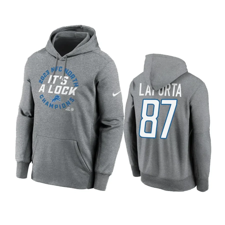 sam laporta lions heather gray 2023 nfc north division champions locker room trophy collection hoodie