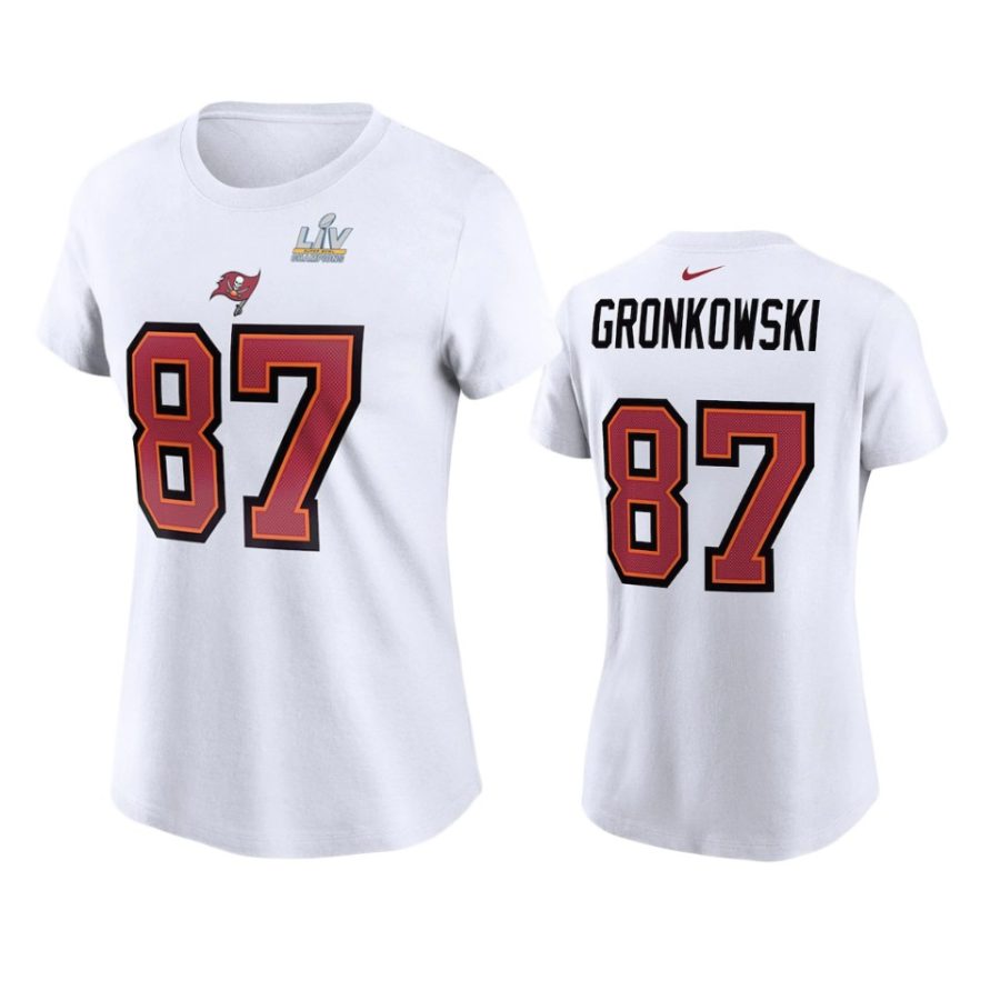 women tampa bay buccaneers rob gronkowski white super bowl lv champions name number t shirt