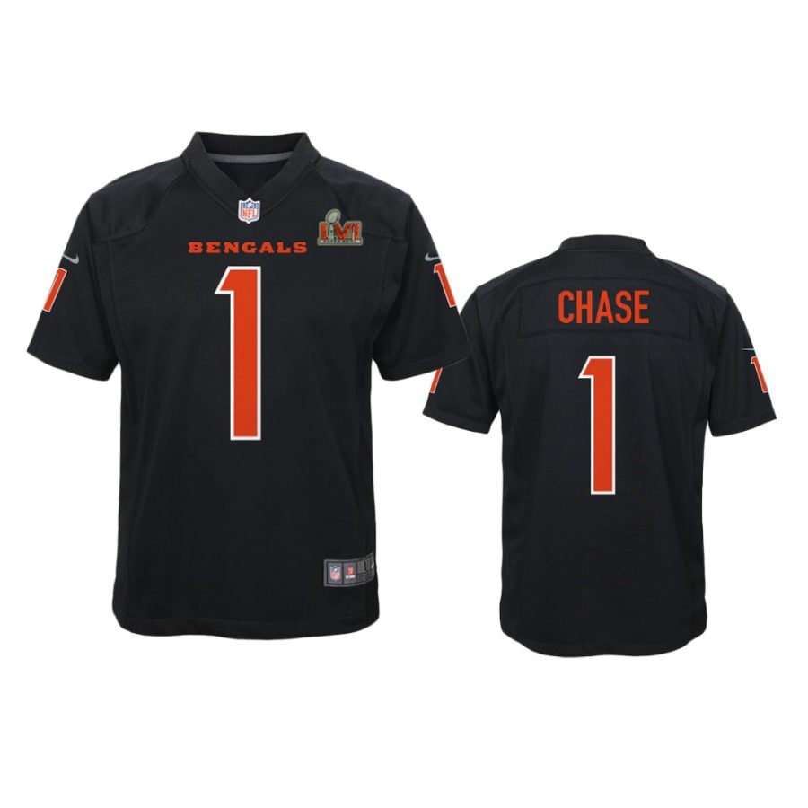 youth bengals jamarr chase black game fashion super bowl lvi jersey